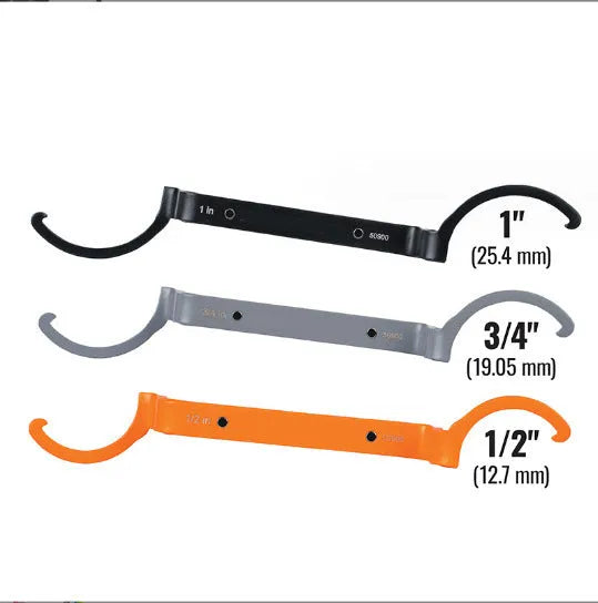 Three magnetic crescent wrenches with orange, grey and black handles showing suction and locking features