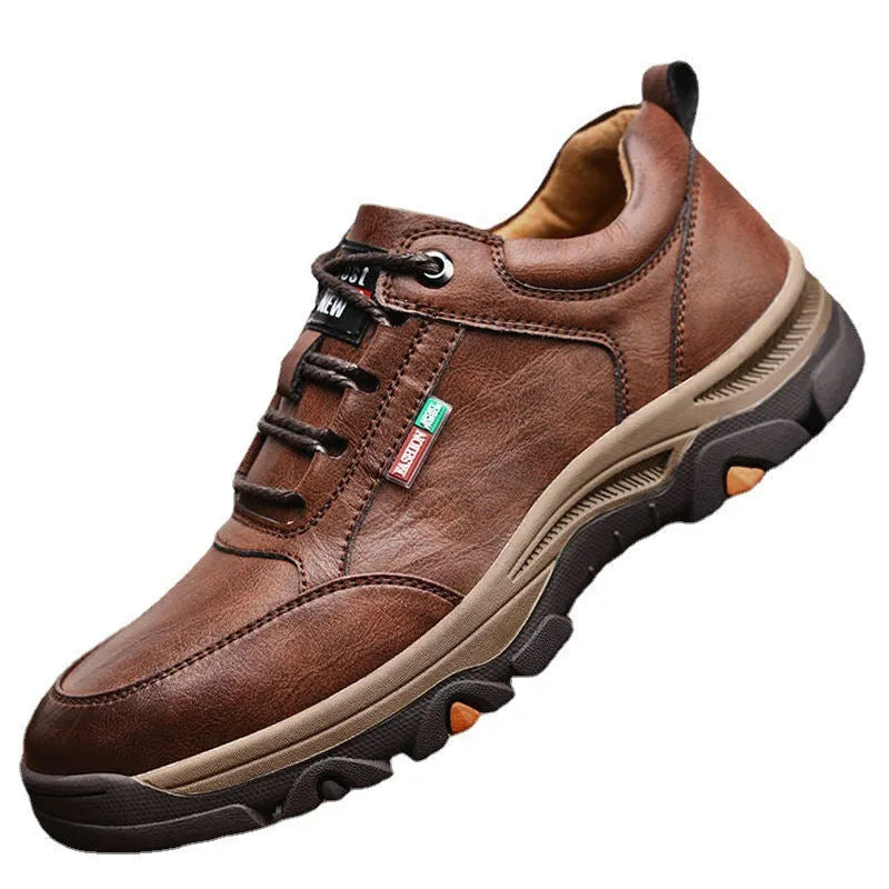 Men's British style round toe leather shoes in black or brown with rubber sole, leather stitching, and front lace-up