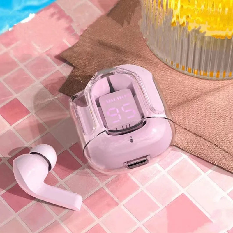 Transparent case true wireless Bluetooth headphones showing digital display and multiple colour options