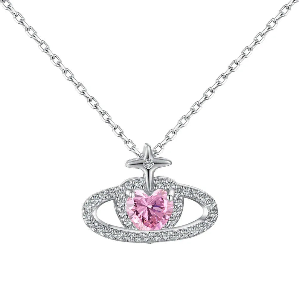 925 silver heart pendant necklace with pink zircon inlay on clavicle chain