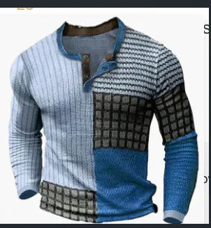 Men's 3D printing casual retro long sleeve top with striped pattern loose fit in blue colour