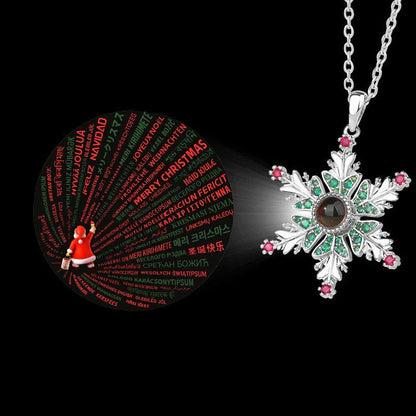 Sparkling copper snowflake projection pendant necklace with delicate chain, creating a magical winter wonderland display