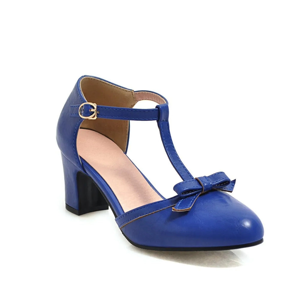 Women's solid colour chunky heel sandals with bow detail and hollow out design on round toe