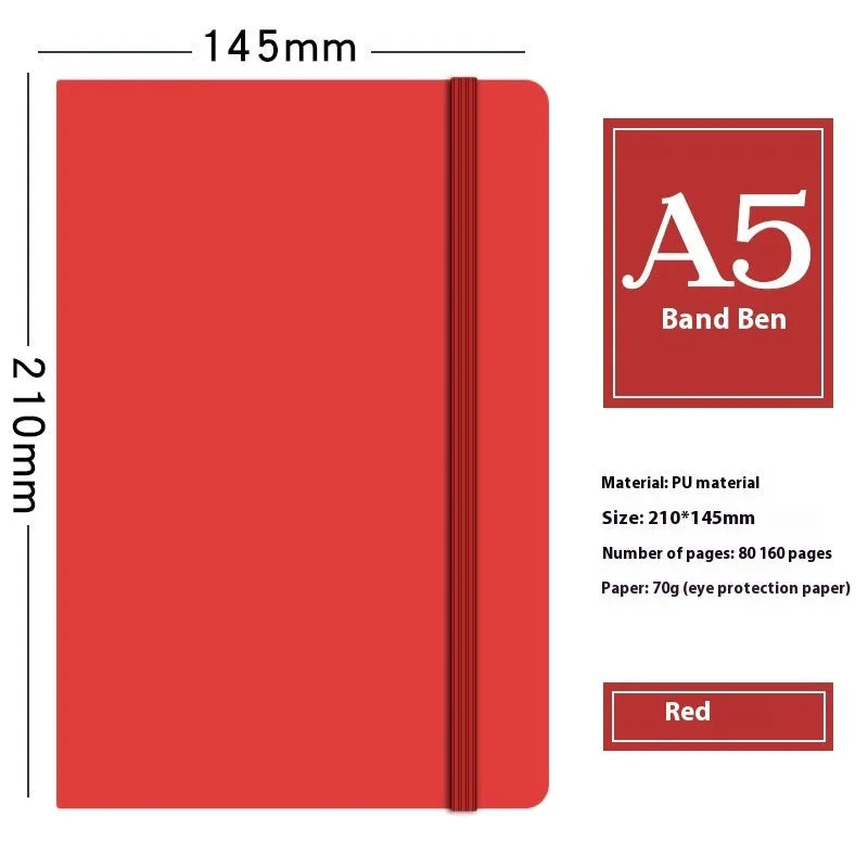 A5 faux leather notebook in blue with strap and pen insert, 200 pages, lying flat