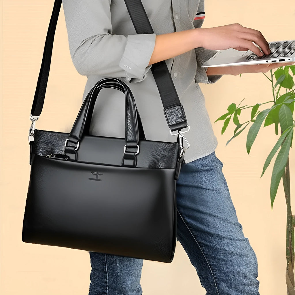 Men's black and brown PU leather shoulder messenger bag with splicing details