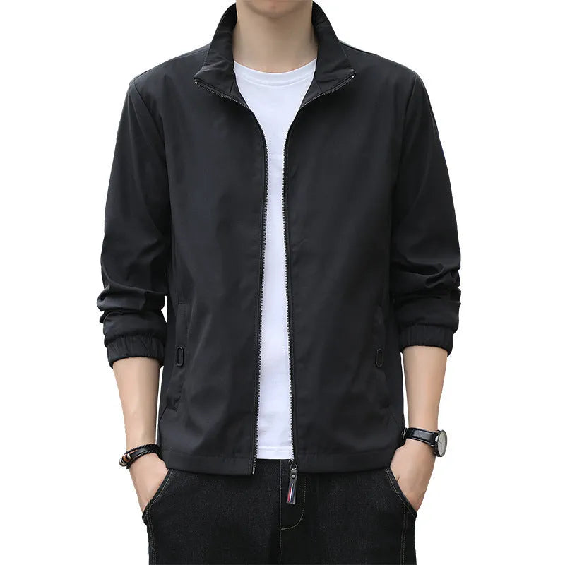 Korean style loose fit lapel jacket in blue, shown on a model