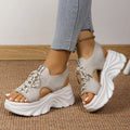 Women's hollowed-out mid heel mesh platform sandals in beige with front lace-up and round toe