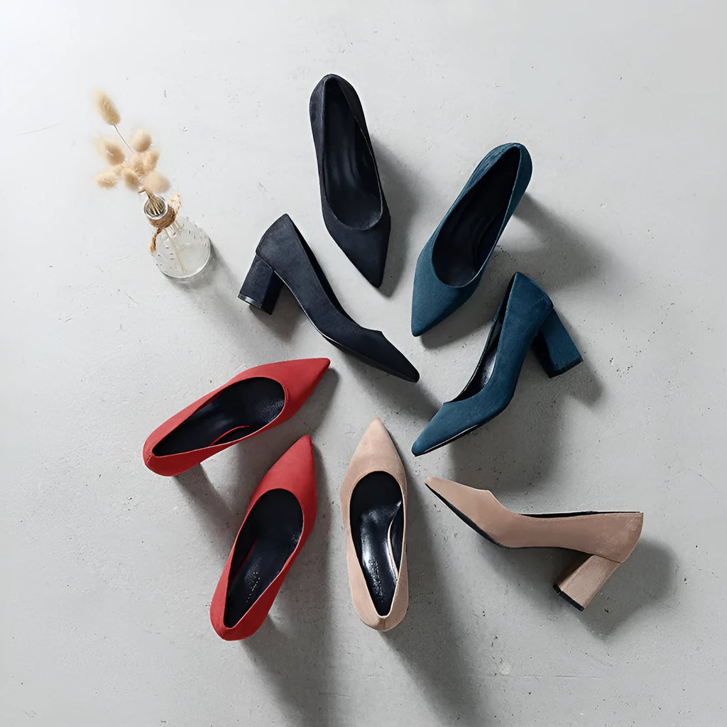 Navy blue suede low-cut high heels with pointed toe, rubber sole, and 5cm or 7cm heel