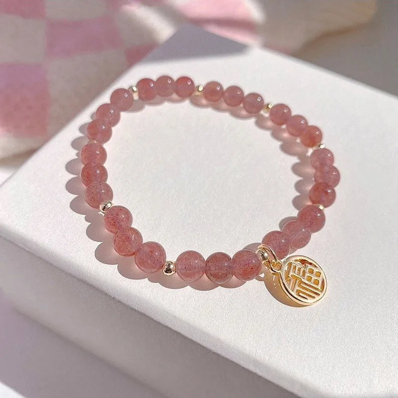 Handmade strawberry quartz blessing card bracelet with adjustable universal wrist size
