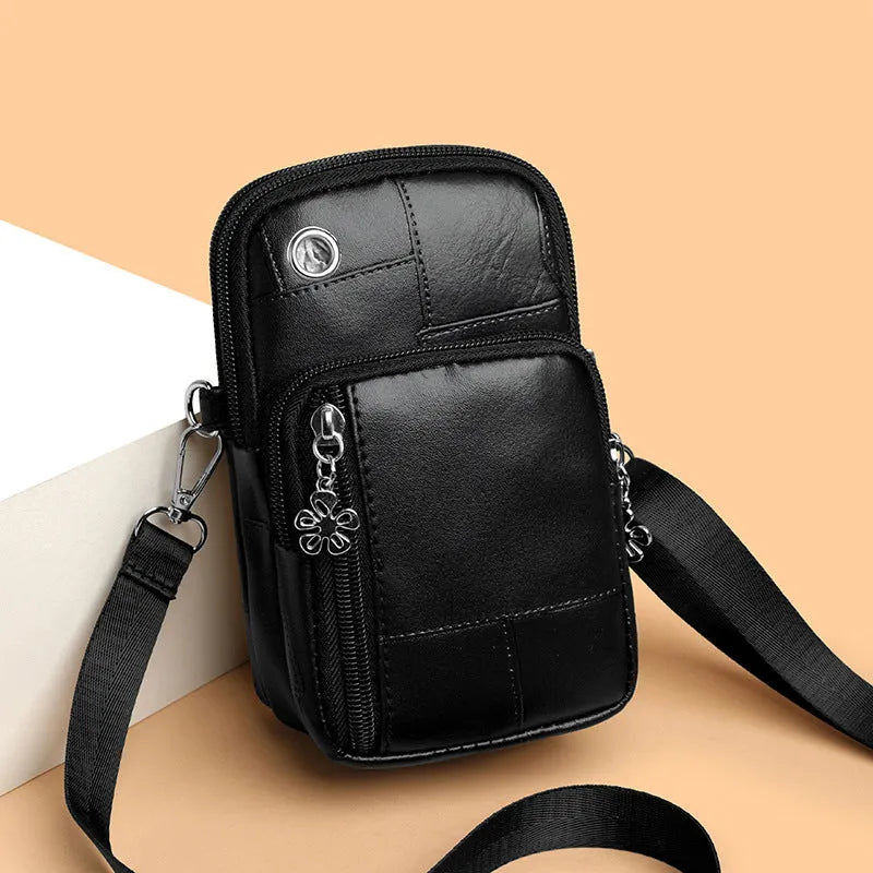 Vertical square mini crossbody phone bag in PU leather, shown in available colours.