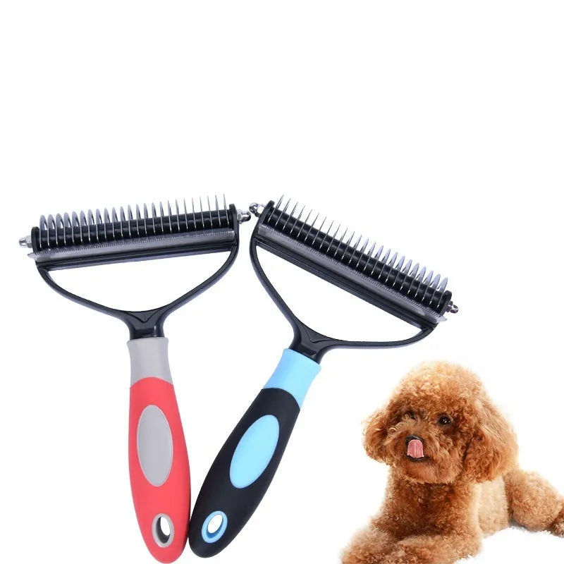 Plastic dual purpose pet comb for removing floating hair and dead knots from dogs and cats, available in blue