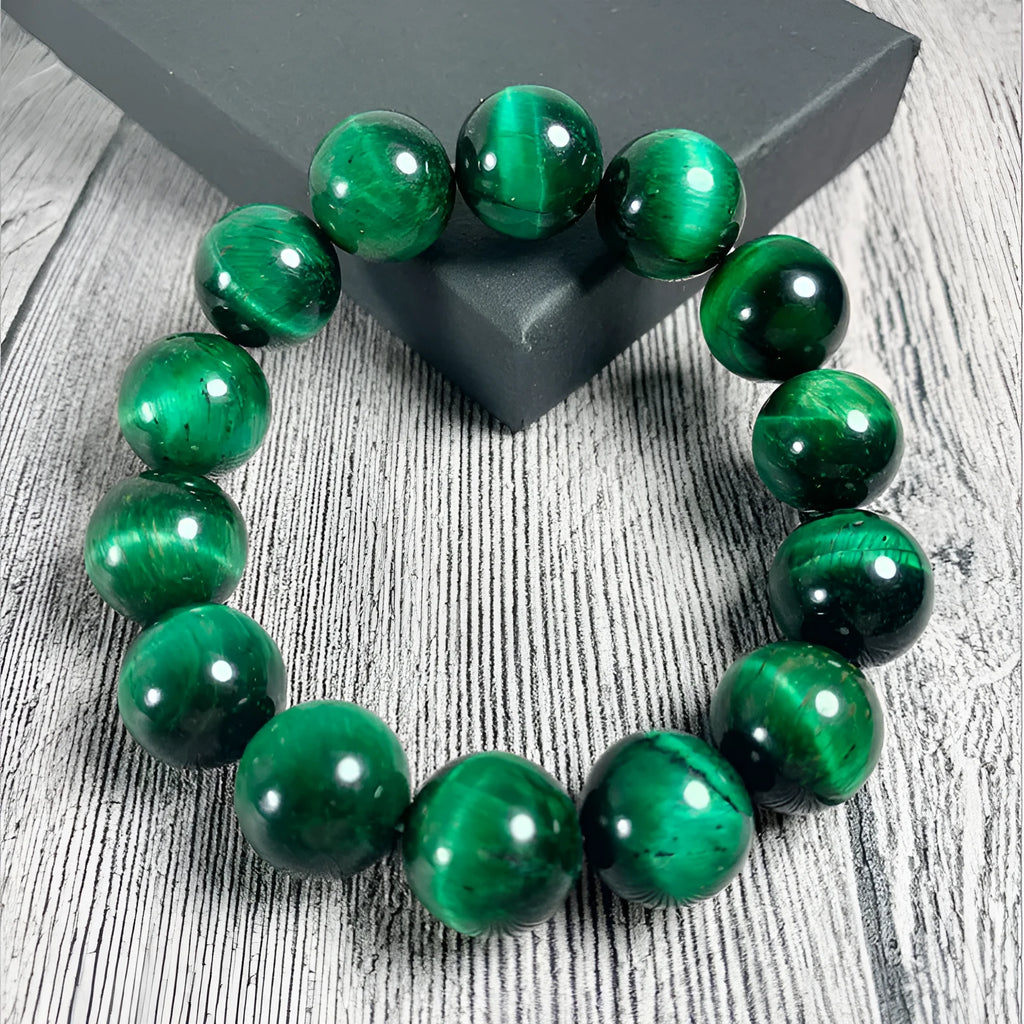 Green tiger eye stone bracelet with geometric polished beads in various size options