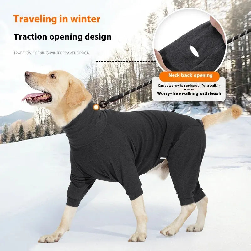 Dark gray four-legged dog coat with high collar made of polar fleece fabric on a dog