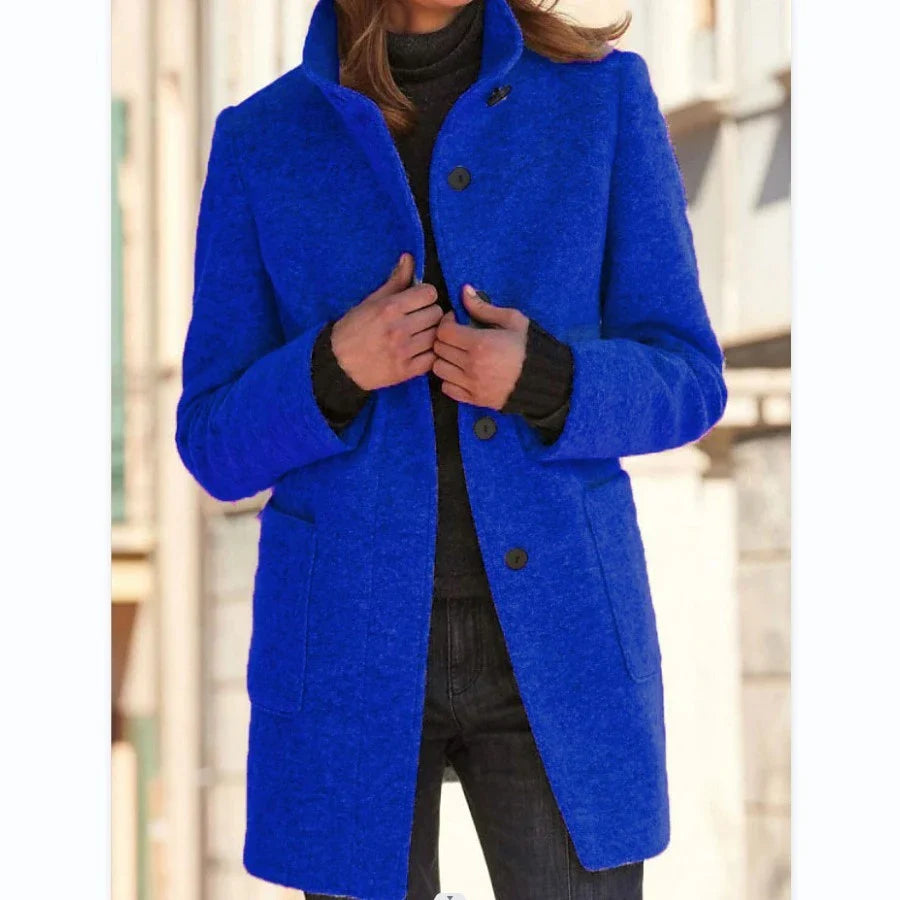 Fashionable wool coat with stand collar, pockets, and a variety of color options for casual fall and winter wear