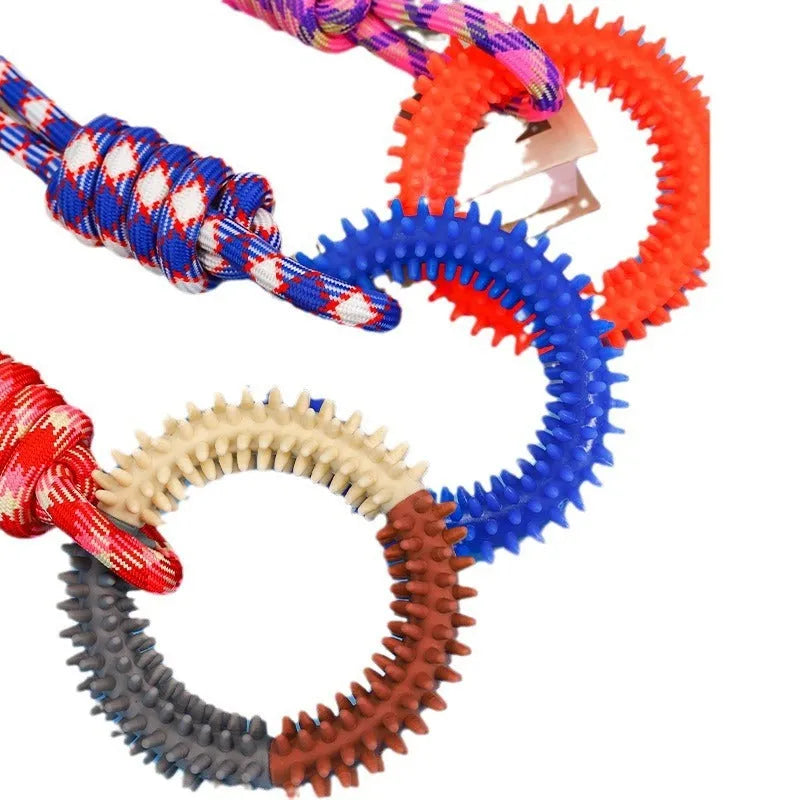 Blue braided rope dog toy with a central knot, shown next to a tape measure indicating its 43cm length.