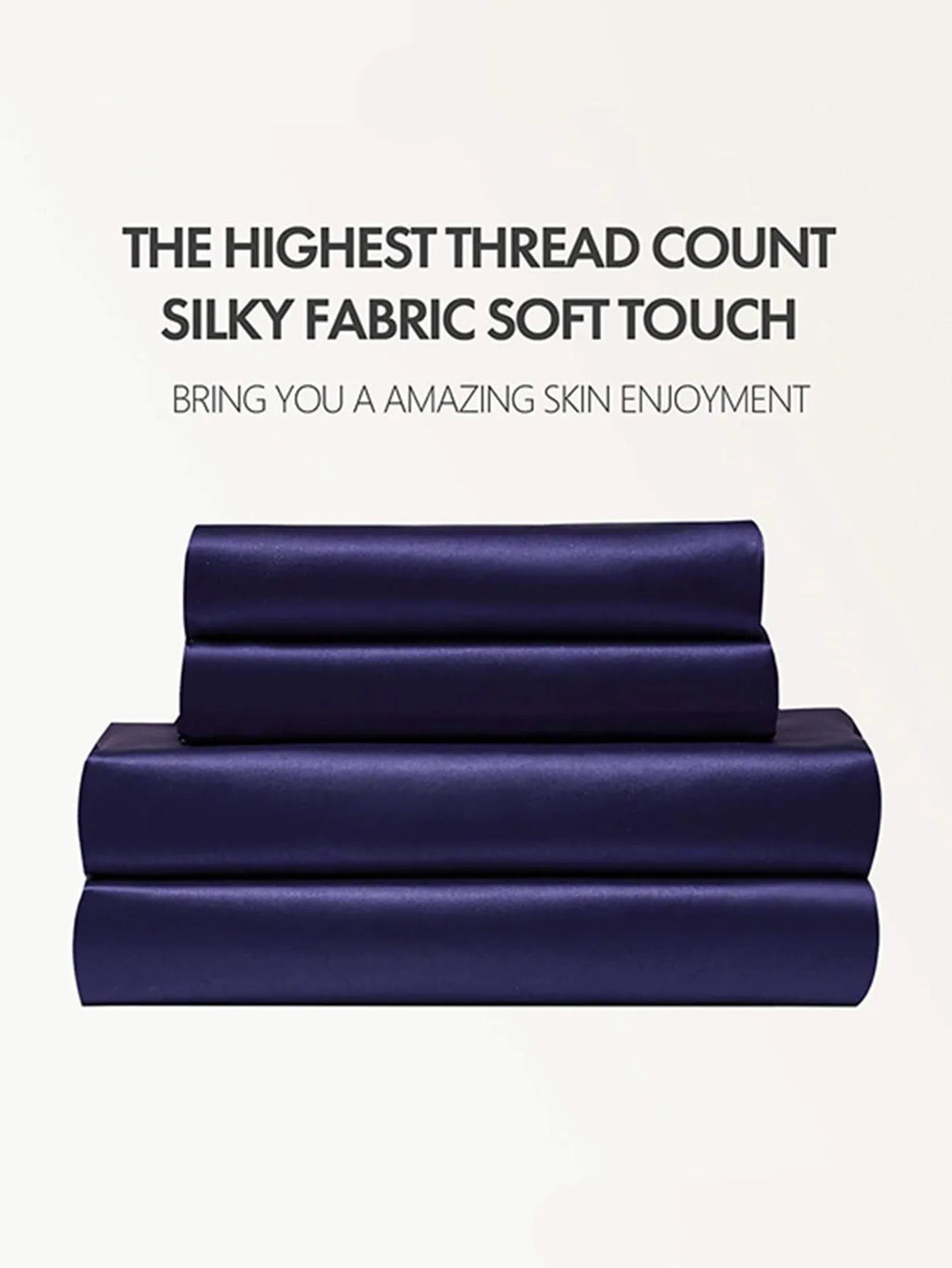 Four-piece imitation silk bedding set in navy blue – includes quilt cover, fitted sheet, and two pillowcases with satin weave finish