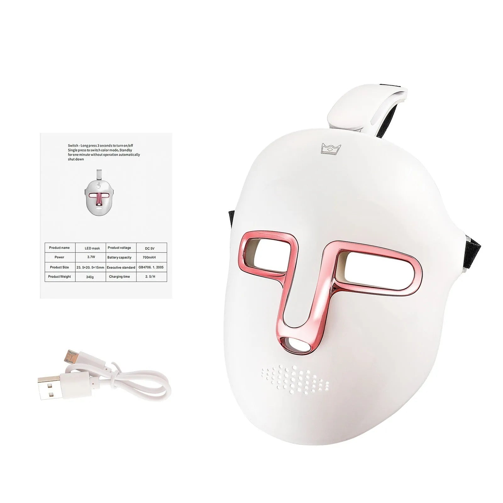 Rose Gold LED facial mask with seven colour lights and elastic band for home use