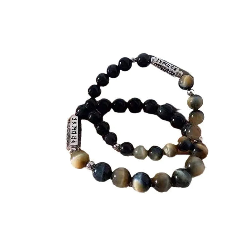 Obsidian and Tigereye sterling silver bracelet with Six Words Mantra engraving, Chinese style geometric design.