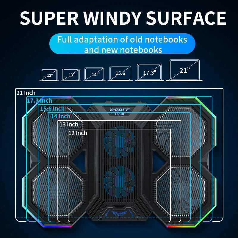 Laptop cooling pad with six fans, RGB light, seven height settings, 399x270x36.6 mm, for 12-21 inch notebooks