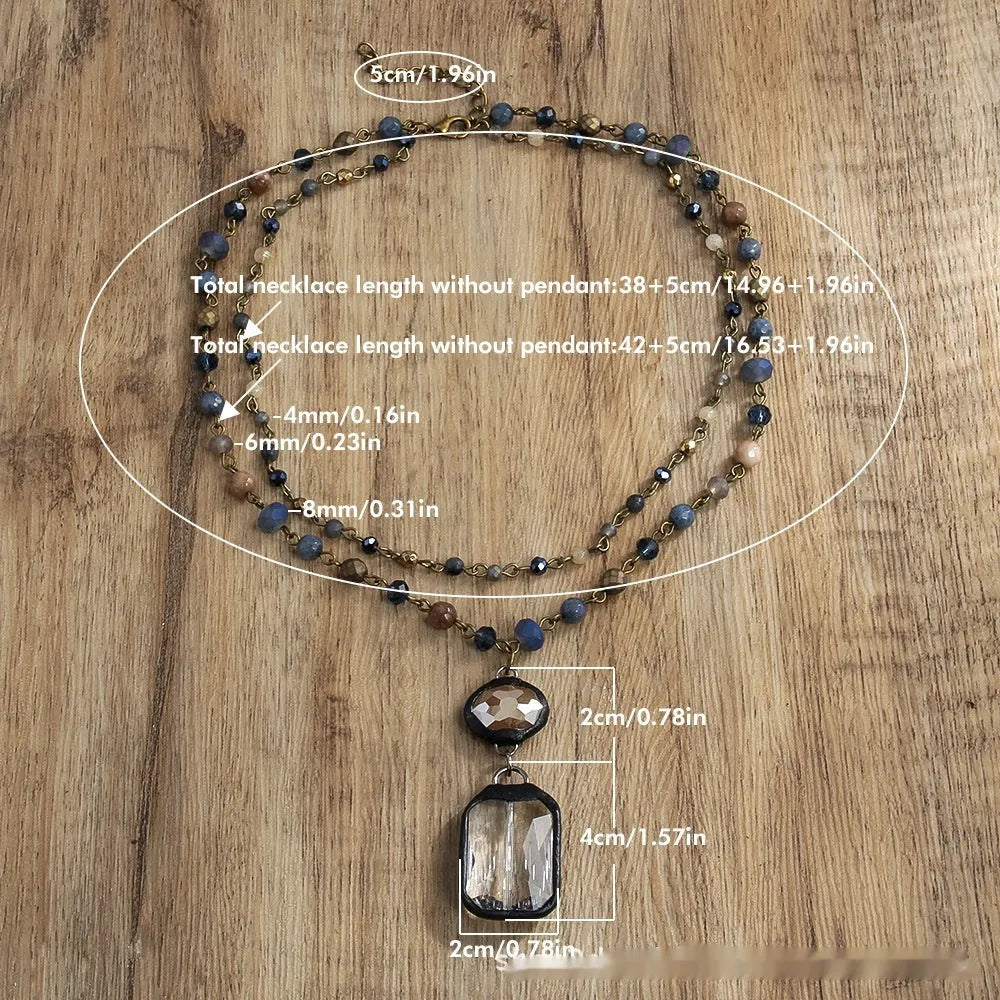 Tribal style necklace with glass stone pendant on two-layer adjustable chain