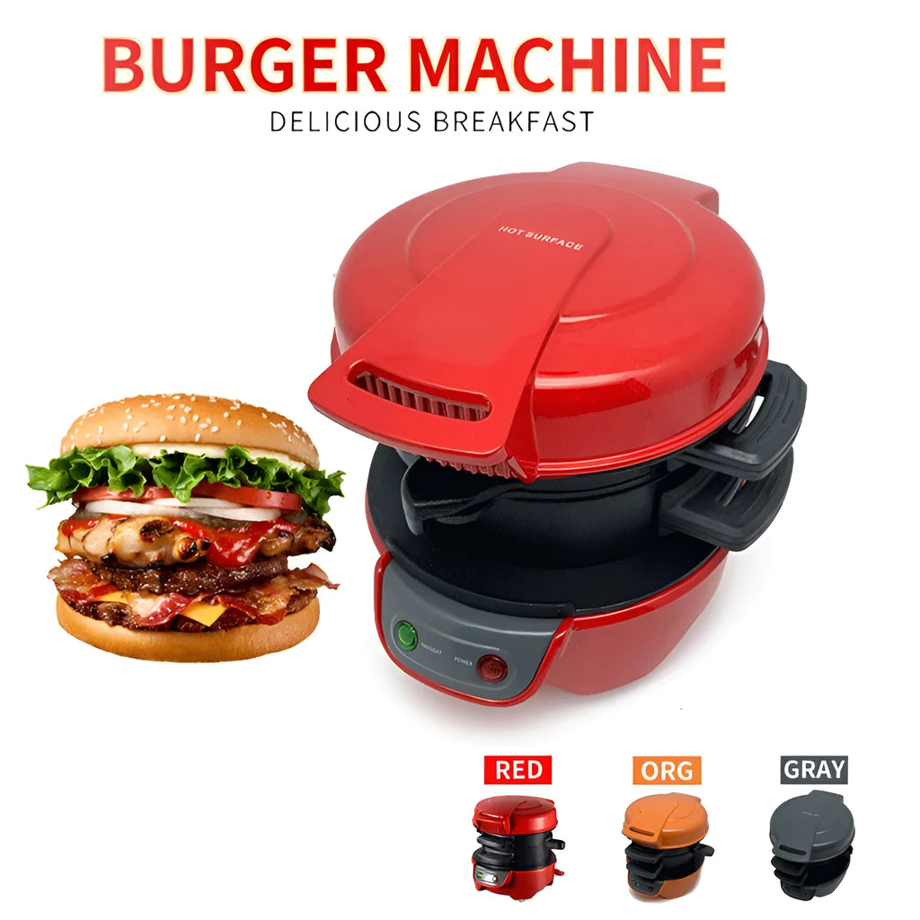 Household breakfast machine in bright red with sandwich maker and egg cooker functions