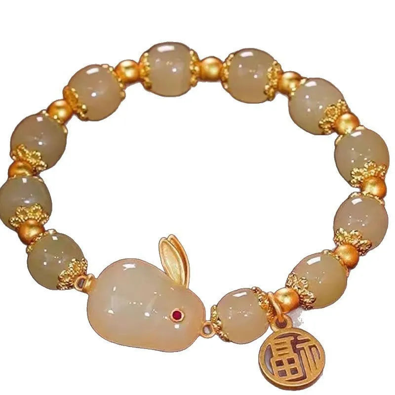 Chinese national style glass bracelet with rabbit charm for women and men