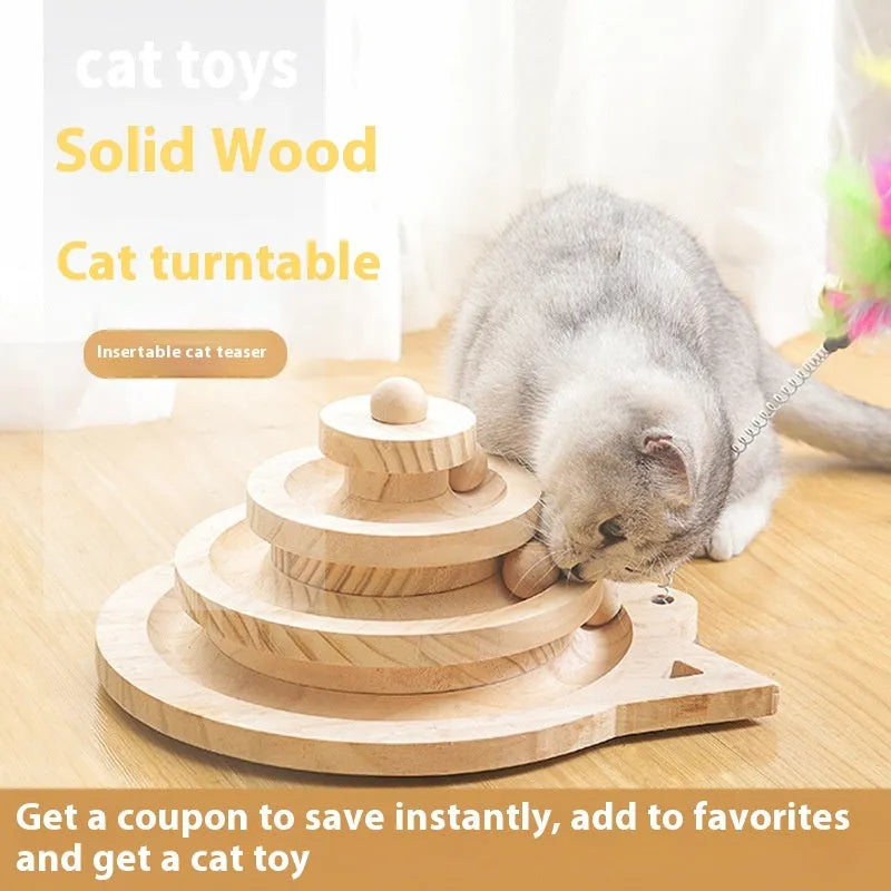 Solid wood turntable cat teaser with scratching post in double-layer design for indoor cats