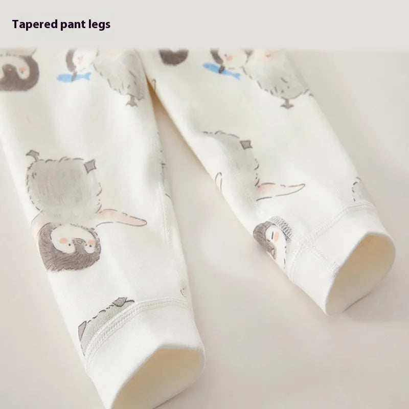 Unisex cotton baby long johns with penguin print, long sleeves and pants, 73-140cm