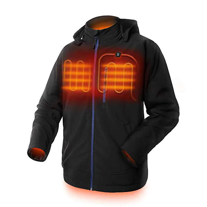 Black men's USB heated winter coat with long sleeves, zipper pockets, and straight hem on a man outdoors.