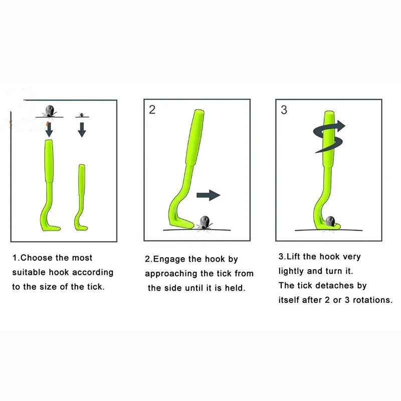 Blue and green plastic pet tick removal tools with hook design for cats and dogs