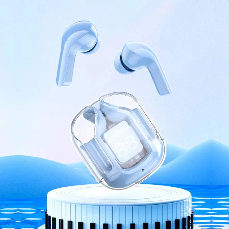 Transparent case true wireless Bluetooth headphones showing digital display and multiple colour options