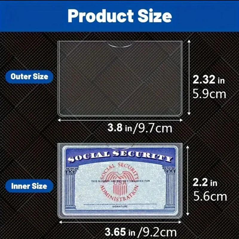 Transparent PVC social security card holder showing dimensions of 9.7 by 5.9 centimetres