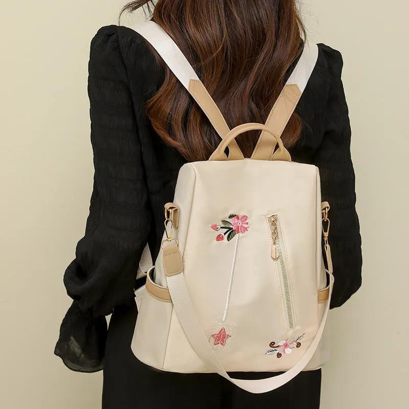 Ethnic style 3D embroidered backpack for women in beige with waterproof Oxford cloth outer and zipper pockets