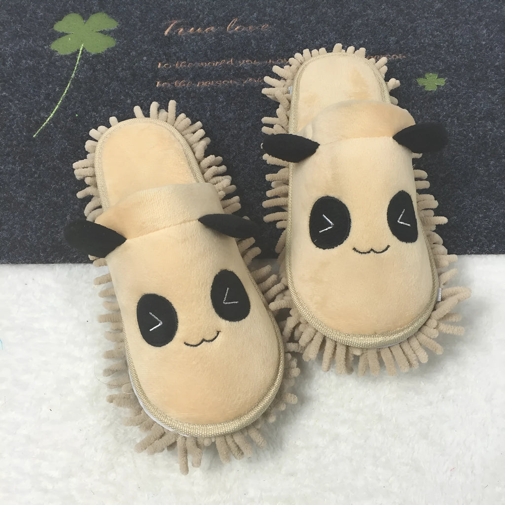 Brown panda-themed slippers with a removable fleece mask and chenille sole.