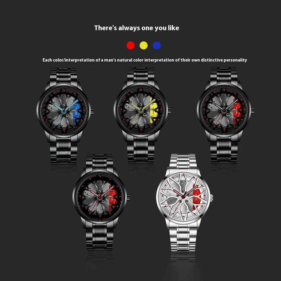 Men's waterproof luminous quartz watch with black steel red colour and 12mm stainless steel case on a white background