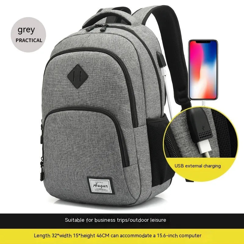 Grey USB charging backpack with trolley sleeve showing water-resistant nylon fabric and charging interface