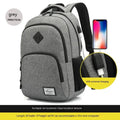 Grey USB charging backpack with trolley sleeve showing water-resistant nylon fabric and charging interface