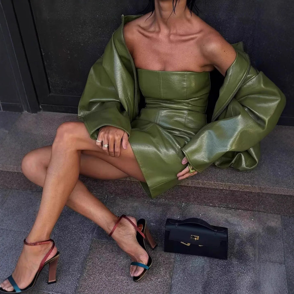 Green PU leather jacket and strapless dress set in cotton polyester, sizes S M L, street hipster style