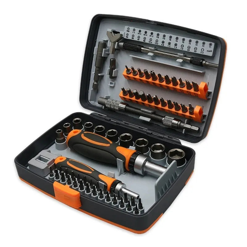 68-in-1 ratchet screwdriver set with chromium-vanadium steel blades and phosphated finish