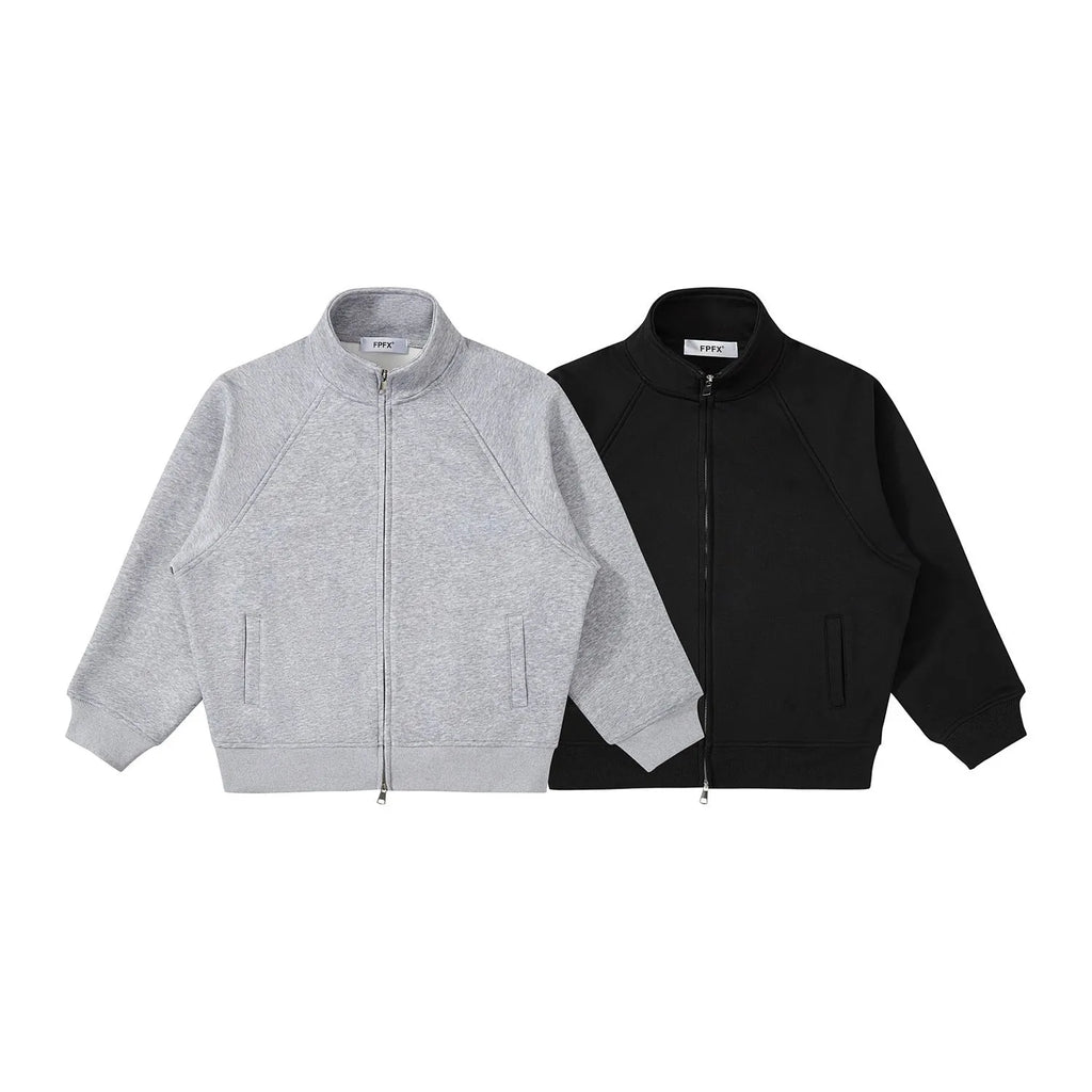 Men's stand collar zip sweatshirt jacket in gray or black, loose thin polyester cardigan with side seam pockets