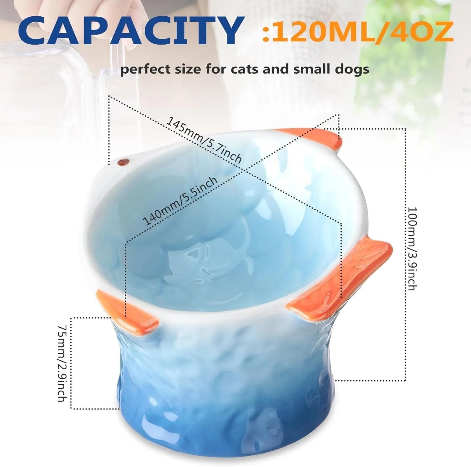 Set of four blue fish-shaped ceramic cat bowls on a table, showing elevated shallow design and tilt angle.
