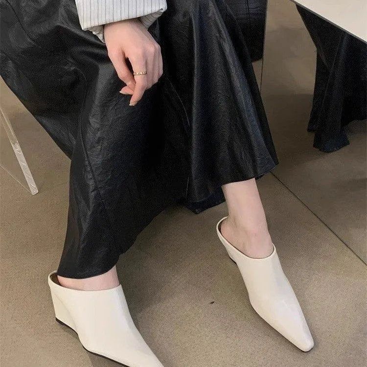 Women's Wind Wedge closed toe half slippers in PU leather with wedge heel