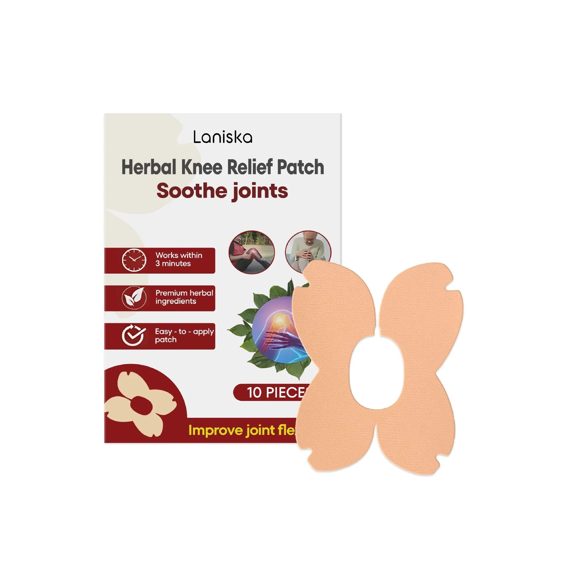 Open box showing ten LANISKA herbal moxa leaf and menthol joint care adhesive bandages.