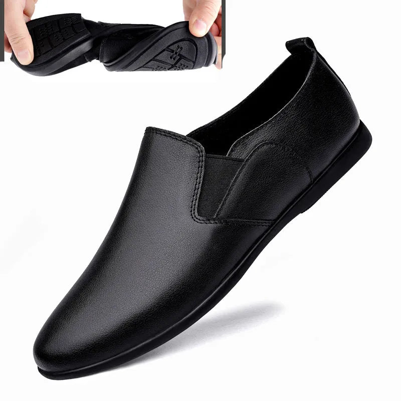 Men's black and brown leather business casual shoes with round toe and genuine cowhide upper