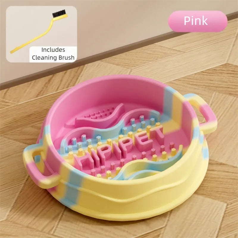 Colourful silicone slow food bowl with double-ear handles and maze interior for dogs and cats