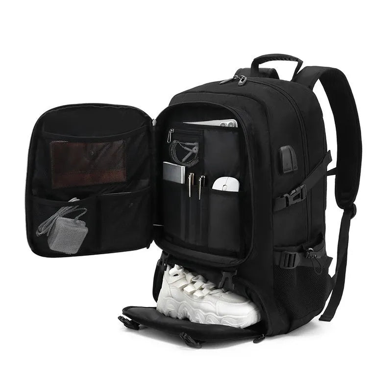 Black men's backpack, 56-75L Oxford cloth, waterproof, USB interface, extended storage