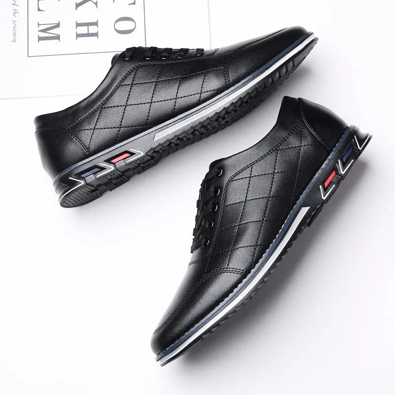 Men's non-slip casual sports shoes with breathable PU upper, rubber sole, front lace-up, black red blue white, sizes 38-48