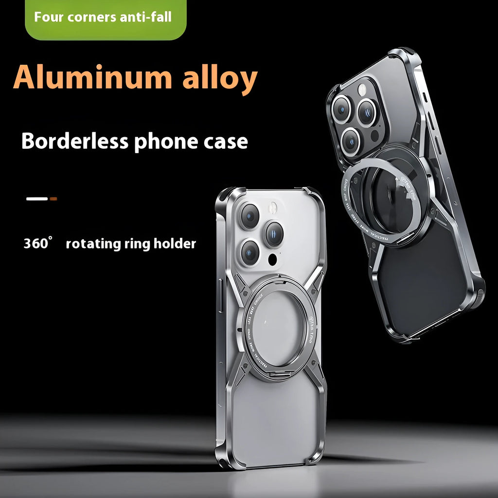 Rotary magnetic iPhone case in hollow aluminium alloy with X-shaped bracket, shown in Deep Space Gray