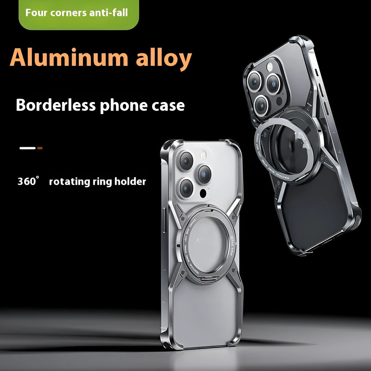 Rotary magnetic iPhone case in hollow aluminium alloy with X-shaped bracket, shown in Deep Space Gray