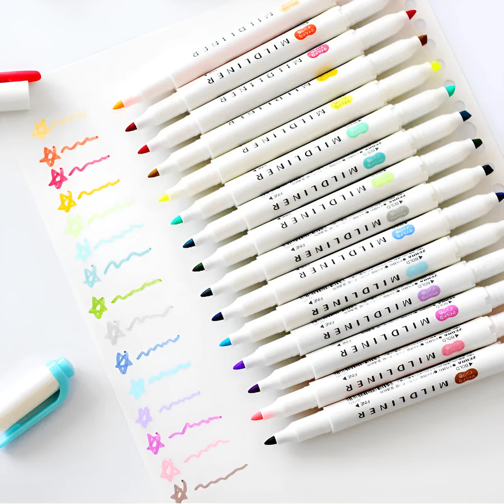 Double-headed colour marker pen with non-erasable ink and 35 refill colour options including blue, red, gold and fluorescent sets
